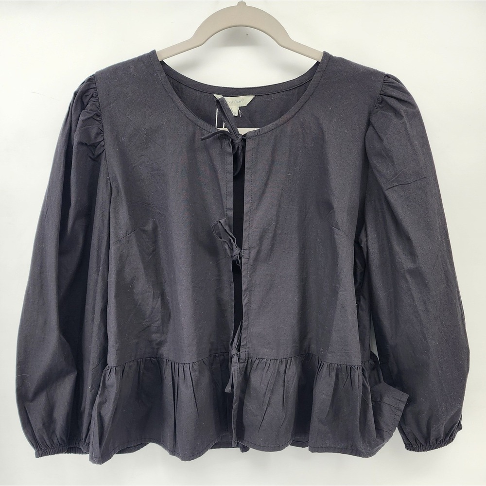 Sim & Sam Black Cotton Tie Front Peplum Top Puff Sleeve Womens Large NWT